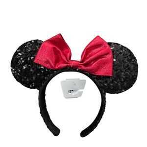 Disney Parks Minnie Mouse Ears Headband - Sequined Black with Red Bow